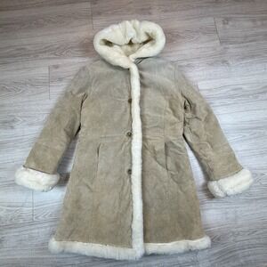 Charles Klein Tan Suede Leather Hooded Faux Lined Fur Coat Y2K Penny Lane Medium